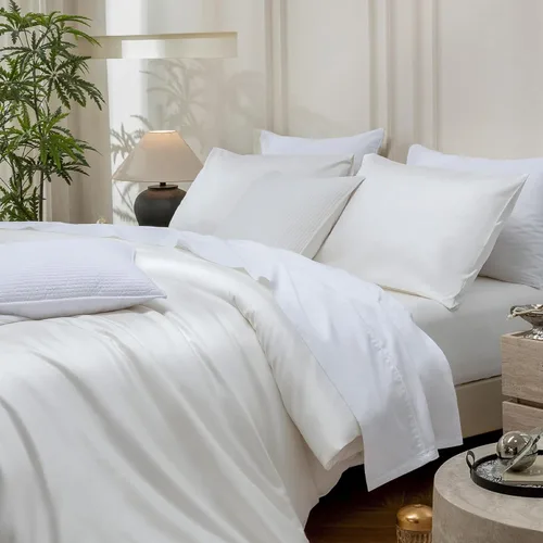 Vista 2 de MooMee Juego de funda de edredón 100% algodón de fibra extra larga de 600 hilos, satén sedoso, suave, transpirable, duradero, ropa de cama de Blanco