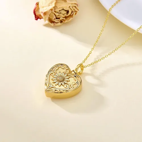 Vista 2 de SOULMEET Joyería de cremación de flores para cenizas, collar de urna de corazón de girasol chapado en plataoro para cenizas, mujeres y hombres