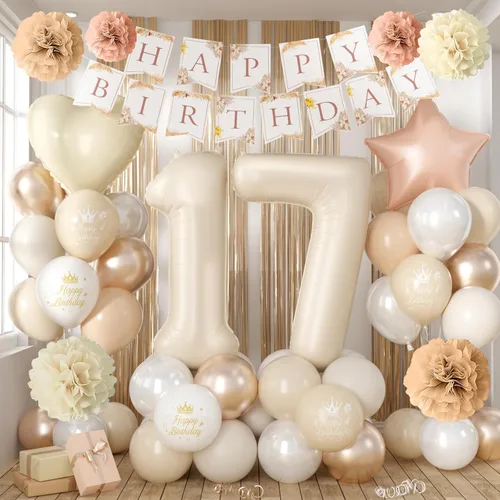 Vista 13 de Decoraciones de cumpleaños número 13 en crema para niñas, globos beige con número 13 en forma de corazón y estrella marrón, globos neutros