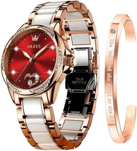 Vista 15 de OLEVS Relojes para mujer, pulsera de cerámica mecánica de cuerda automática, regalo del día del corazón Azul