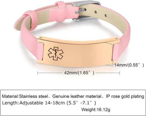 Vista 35 de MPRAINBOW Pulsera de alerta médica personalizada para mujer, correa de reloj de cuero genuino, grabado de doble cara, diabetes, epilepsia, joyería