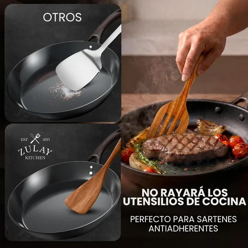 Vista 8 de Zulay Kitchen Juego de 5 cucharas de madera extragrandes - Utensilios de cocina de teca lisa - Cucharón, espátula, espumadera, tenedor, cuchara