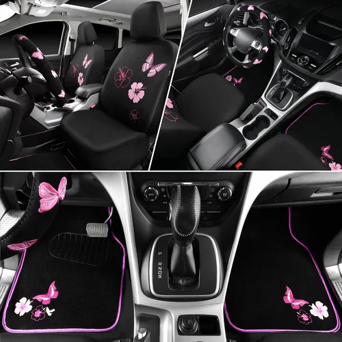 Vista 4 de CAR PASS Juego de fundas universales para asiento delantero de automóvil, diseño de flores bordadas, impermeables, fundas para volante, mariposa