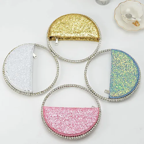 Vista 7 de Mini corazón forma redonda Rhinestone embrague bolso bolso marco diamante brillo lentejuelas brillantes bolso de noche boda fiesta