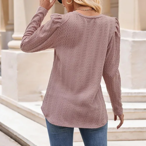 Vista 3 de Camiseta de manga larga jacquard de punto de color sólido para otoño e invierno para mujer, cuello en V, tops de verano para mujer Plus