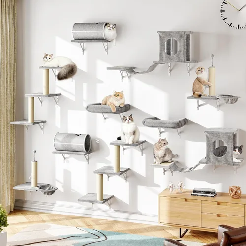 Vista 13 de NUNU LAB Estantes de muro para gatos, juego de 6 piezas de lujo montado en la pared, muebles para gatos interiores con 1 casa tipo condominio, 2