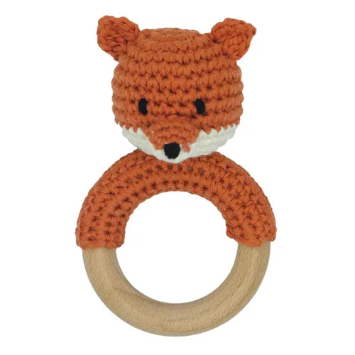 Vista 6 de Joliecraft Juguetes Sonajeros de Madera de Animales de Safari para Bebé, Sonajero de Ganchillo Relleno con Anillo Mordedor para Recién Nacido, Oso