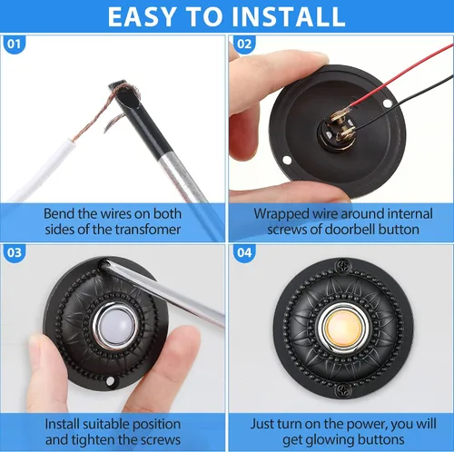 Vista 5 de Dreyoo Botón redondo de metal para timbre de puerta, botón de repuesto de botón de timbre LED iluminado con cable negro, timbre de puerta de hierro