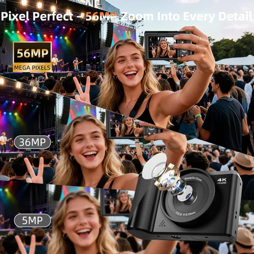 Vista 2 de Cámara digital 4K para fotografía, cámara de enfoque automático de 56 MP con pantalla abatible de 180° de 3 pulgadas, cámara compacta de viaje