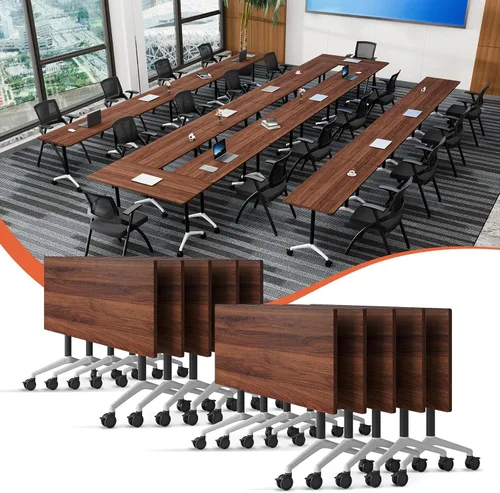 Vista 18 de Mesa de conferencias plegable con ruedas, mesa modular para sala de conferencias con 2 ojales para cables, mesas móviles de sala de reuniones