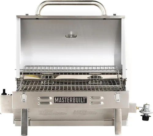 Vista 2 de [Usado] Masterbuilt Parrilla portátil de gas propano con patas plegables, rejilla de calentamiento con revestimiento cromado y 288 pulgadas