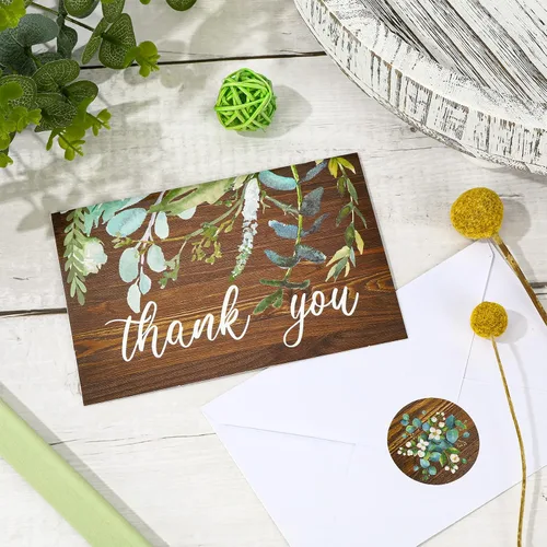 Vista 5 de Whaline Paquete de 30 tarjetas de agradecimiento rústicas con sobres, calcomanías de acuarela, eucalipto marrón, tarjetas de felicitación