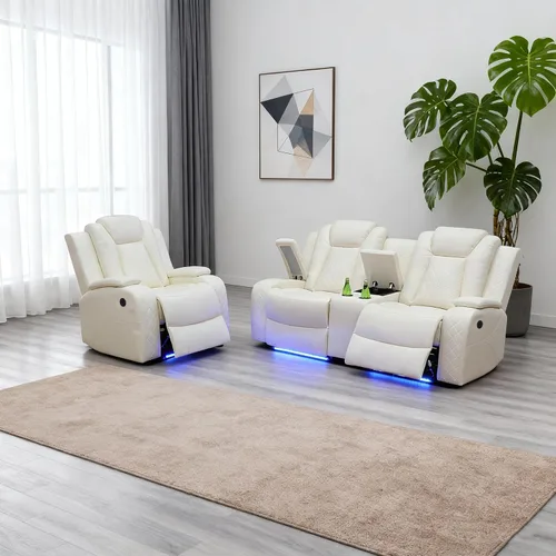 Vista 15 de Juego de sofá reclinable eléctrico para sala de estar, juego de sofá reclinable de cuero con luz LED, soporte para tazas, almacenamiento de consola