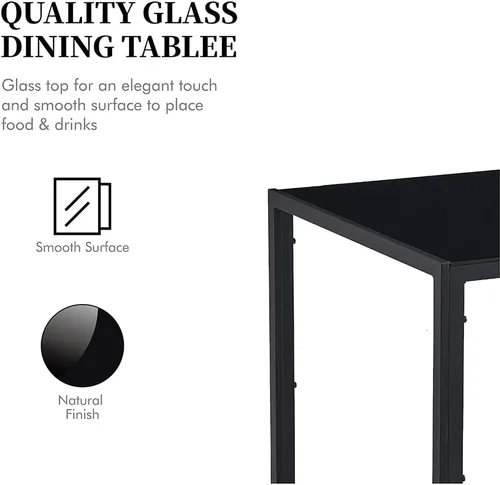 Vista 4 de Mesa de comedor rectangular negra de vidrio de 47.2 pulgadas, mesa de cocina moderna con mesa de vidrio templado y marco de acero de metal