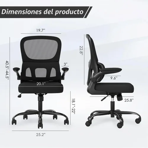 Vista 2 de Soohow Silla de oficina, ergonómica de malla con soporte lumbar, cómoda silla de escritorio giratoria para computadora con reposabrazos abatibles