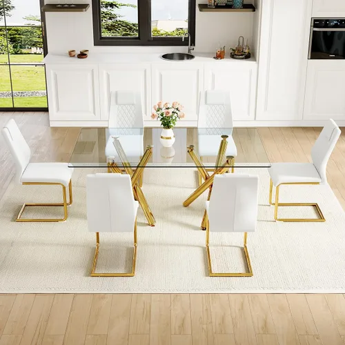 Vista 3 de Juego de mesa de comedor de cristal para 6,71 pulgadas, mesa de comedor para 6, mesa de cocina rectangular grande de vidrio templado y 6 sillas