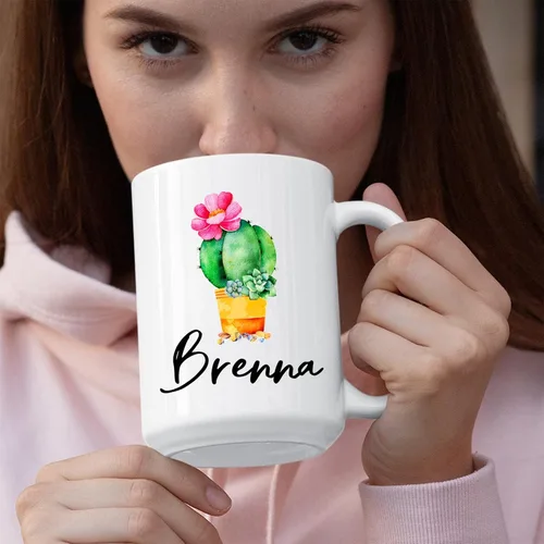 Vista 4 de Taza de café personalizada de cactus, taza de flores de cactus con nombre, taza de té de cactus, taza de cerámica con nombre personalizado, regalos