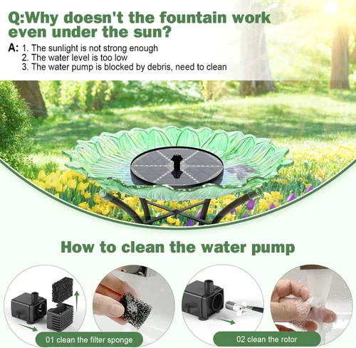 Vista 4 de Yzert Fuente solar mejorada para pájaros con 60 luces LED, bomba de fuente de agua con batería de 4000 mAh, 7 boquillas, 4 fijadores, para jardín