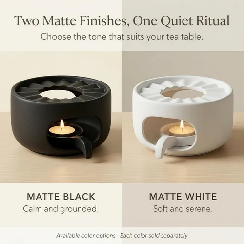 Vista 6 de Calentador de tetera de cerámica mate con cuchara de vela extraíble, base de calentador de té de bajo perfil para teteras de vidrio o cerámica Negro
