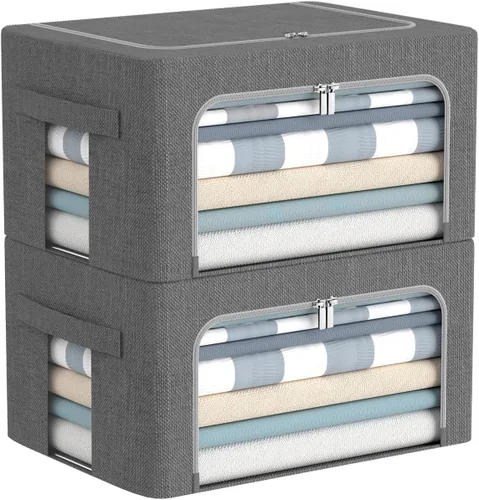 Vista 16 de CYhom Caja de almacenamiento de ropa, juego organizador plegable de tela de lino con ventana transparente, asas de transporte y marco de metal, 2