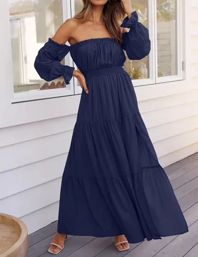 Vista 12 de ZESICA - Vestido largo, bohemio y sexy, con hombros descubiertos y manga larga fruncida, con elástico fruncido, cintura alta y abertura lateral