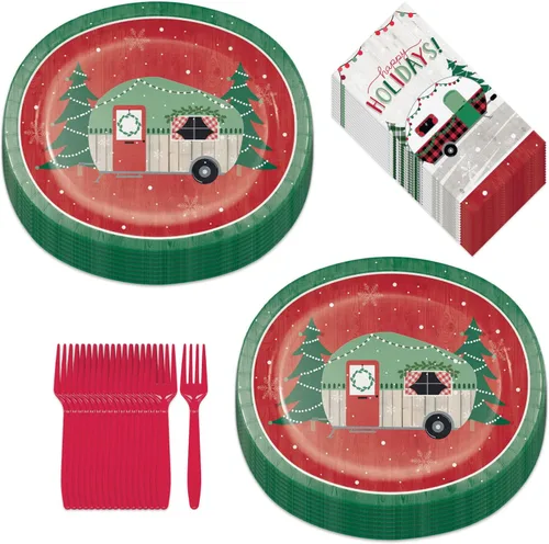 Vista 8 de HOME & HOOPLA Platos y servilletas de papel grandes para fiesta de Navidad, diseño calmado y brillante en verde y dorado moderno (para 16 personas)