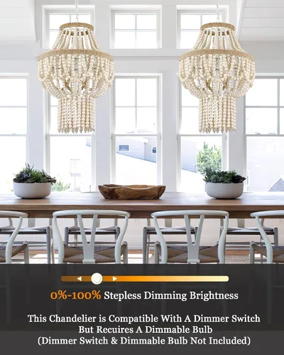 Vista 10 de ELYONA Candelabro grande de madera de abedul con cuentas de 3 luces, 16 pulgadas, estilo bohemio, estilo granja, luz colgante rústica, lámpara