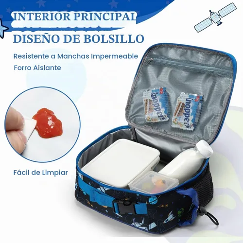 Vista 3 de MEXS Bolsa de almuerzo para niños, lonchera aislada para niñas y niños, lonchera duradera (ajustable) con soporte para botella de agua/forro