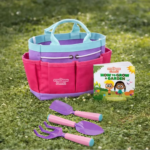 Vista 4 de Herramientas de jardinería rosas para niños: incluye bolsa de mano resistente, regadera, guantes, palas, estacas de jardín y un encantador libro