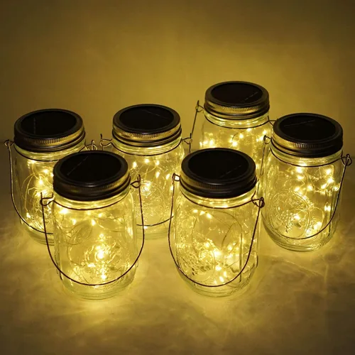 Vista 5 de Luces solares para tarro de masón, paquete de 6 tiras de 10 luces LED con tapa de tarro con 6 ganchos (sin tarros), luz de luciérnaga impermeable