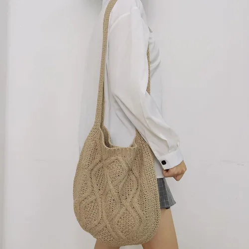 Vista 4 de Bolso cruzado estético de ganchillo para mujer, bolso de mano de punto Y2K, bolsa de compras de moda, Caqui