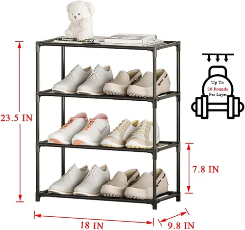 Vista 3 de Zapatero pequeño de 6 a 8 pares de estantes resistentes para zapatos de 4 niveles, organizador de zapatos estrecho apilable, estantes ligeros