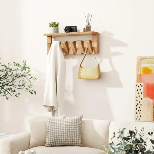 Vista 6 de YMYNY Perchero de pared montado en pared con estante, estante de pared con ganchos retráctiles, perchero de pared de madera para colgar Natural