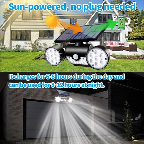 Vista 2 de Luces solares para exteriores, con sensor de movimiento, luces solares de pared con focos de doble cabeza, 30 LED, impermeables, 360°, luces