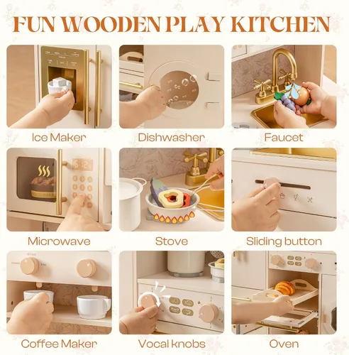 Vista 4 de ROBUD Juego de cocina de madera, juego de cocina para niños, juego de cocina de juguete con 17 accesorios realistas, regalo ideal para niños y niños