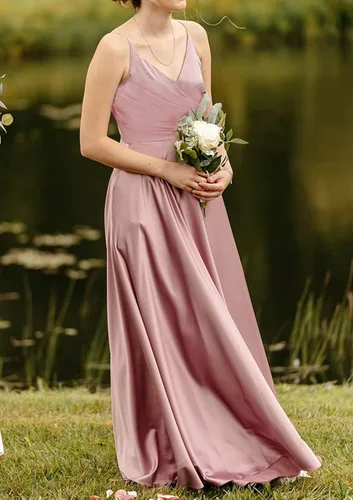 Vista 3 de LIKESEEDD Vestidos de dama de honor de satén con abertura para mujer, vestidos largos de satén plisados para fiesta de graduación
