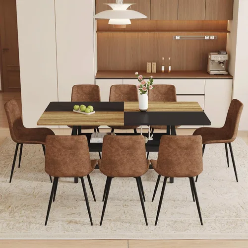 Vista 11 de Juego de mesa de comedor de 71 pulgadas para 6 personas con estante de almacenamiento, juego de mesa de comedor rectangular industrial moderna