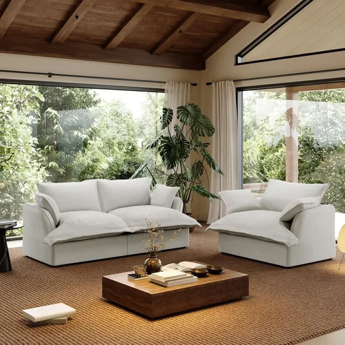 Vista 23 de Sofá modular de mezcla de lino para sala de estar, cómodo sofá modular con relleno de plumón, moderno sofá cama convertible con asiento profundo