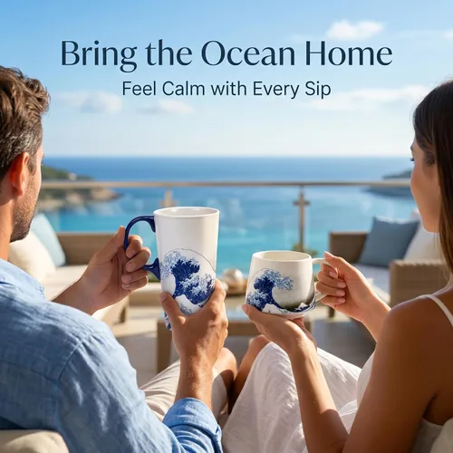 Vista 3 de Taza de cerámica de viaje de Voltugar con tapa y asa para el hogar y la oficina, taza de té alta de porcelana con diseño de olas y caja