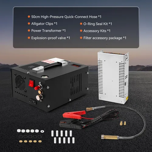 Vista 7 de Compresor de aire PCP de 350 W, 4500 Psi/30 Mpa, 12 V CC y 110 V CA, sin aceite/agua, válvula de seguridad de disco de ráfaga, ventilador