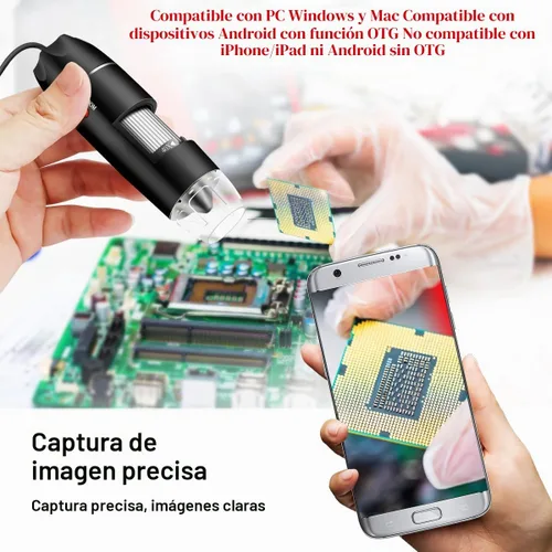 Vista 4 de Microscopio USB con cámara y soporte y estuche de transporte, microscopio digital Cainda compatible con Android, Windows, Linux, Mac, lupa portátil