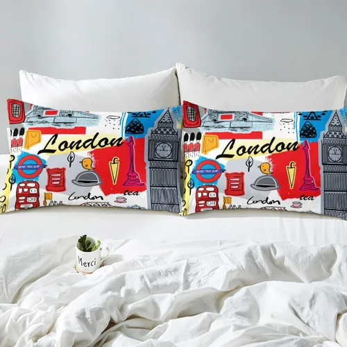 Vista 5 de Feelyou Juego de ropa de cama con temática londinense, funda de edredón para cabina telefónica retro roja para niños, paisaje histórico europeo
