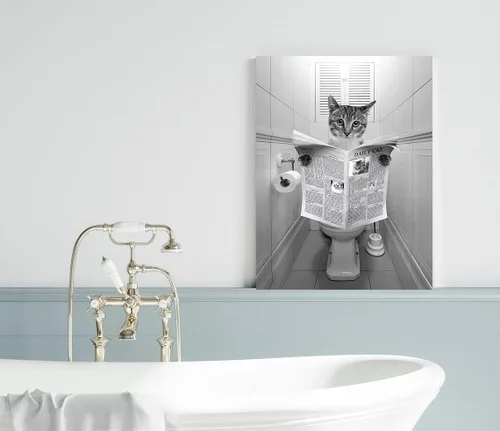 Vista 5 de kvtiwee retrato personalizado de mascota a partir de foto, arte de pared en lienzo de gato en el inodoro, arte de baño divertido en blanco y negro
