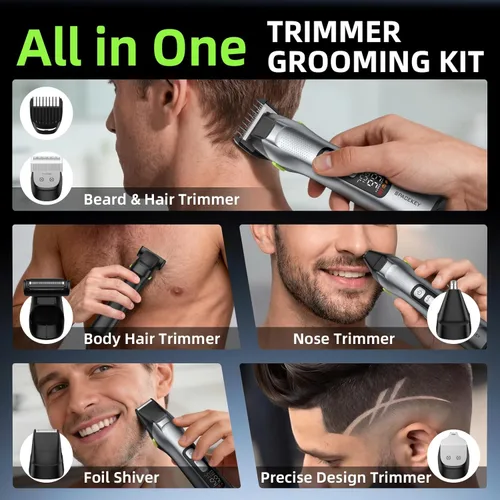 Vista 2 de Cortadora de barba para hombres, todo en uno, kit de aseo para hombres, cortadora de pelo inalámbrica con hoja de acero inoxidable, tiempo