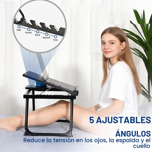 Vista 2 de Mesa para Laptop para Cama y Sofá, Mesa de Cama Plegable Ajustable con Portavasos, Bandeja para Servir Desayuno, Soporte de Mesa Portátil