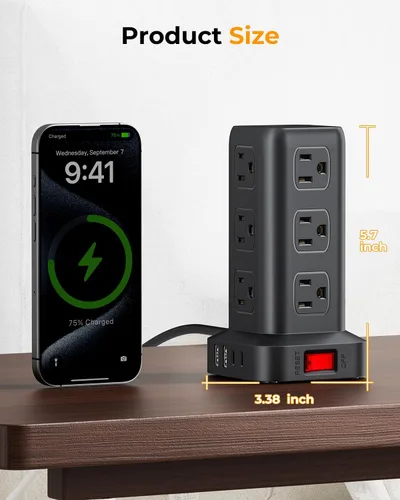 Vista 6 de Regleta de alimentación con 12 tomas, 4 USB (1 USB C), cable de extensión de 6.5 pies con múltiples tomas, estación de carga, torre de regleta