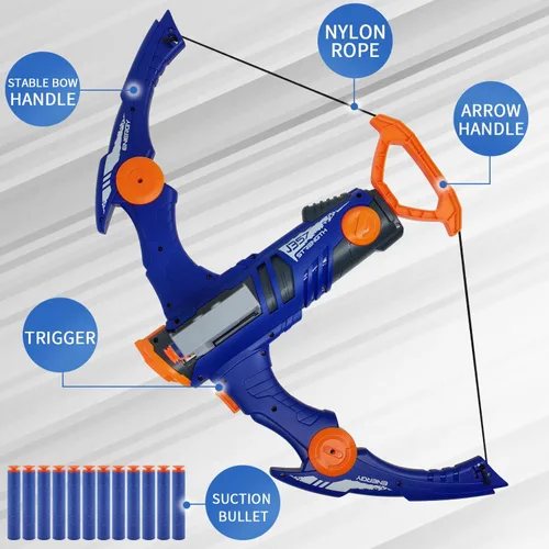 Vista 5 de Arco y flecha de juguete para balas de pistola Nerf, juego de tiro con bala de espuma de 12 dardos con 36 dardos de espuma, 1 gafas y objetivo Azul