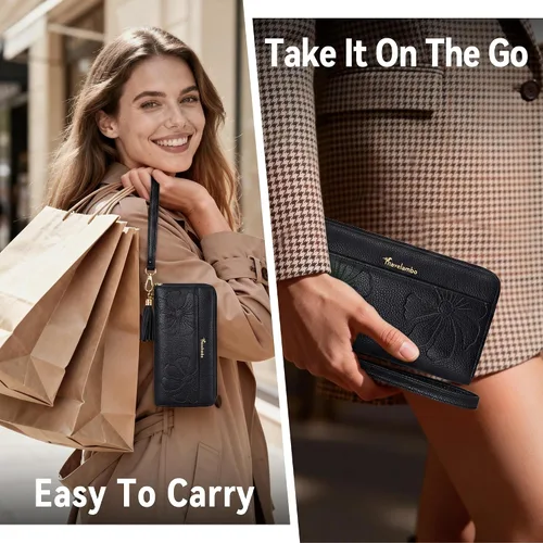 Vista 8 de Carteras con borla Travelambo para mujer, plegable, pulsera, cartera larga negro (A01 Black)