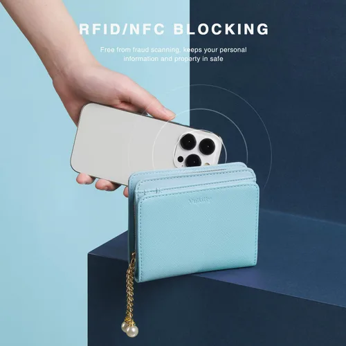 Vista 5 de Cartera para mujer con colgante de perlas RFID bloqueo tarjeta de crédito cartera de cuero premium, Celeste, Minimalista