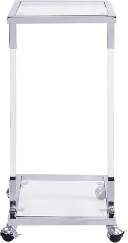 Vista 5 de Mesa auxiliar móvil de vidrio transparente con marco acrílico, moderna mesa auxiliar de sofá en forma de C con ruedas, mesa de aperitivos